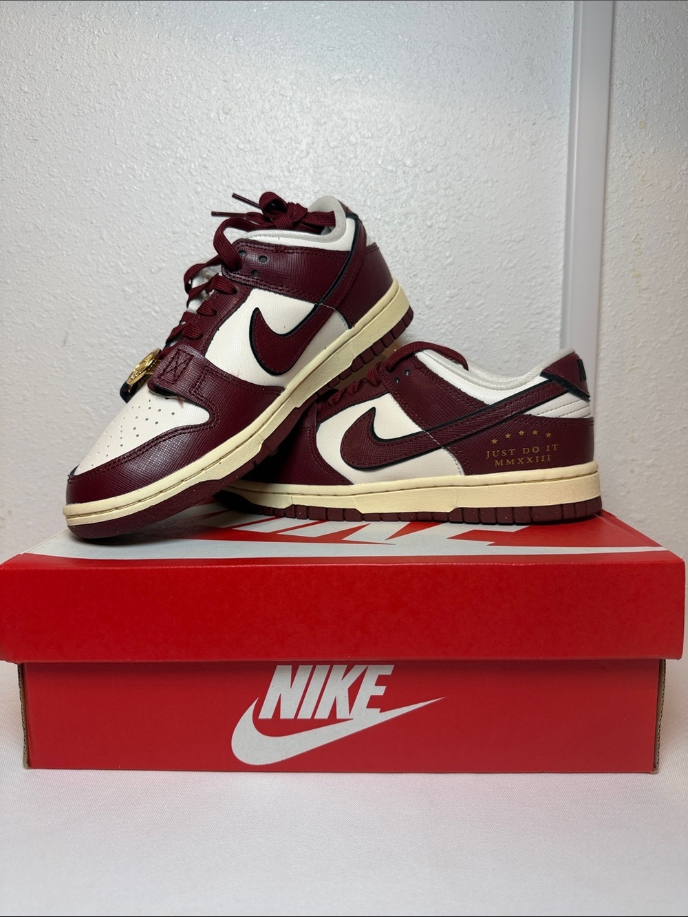 Nike Dunk Low SE Just Do It Team MMXXIII Red Sail Maroon & White Women’s 6.5